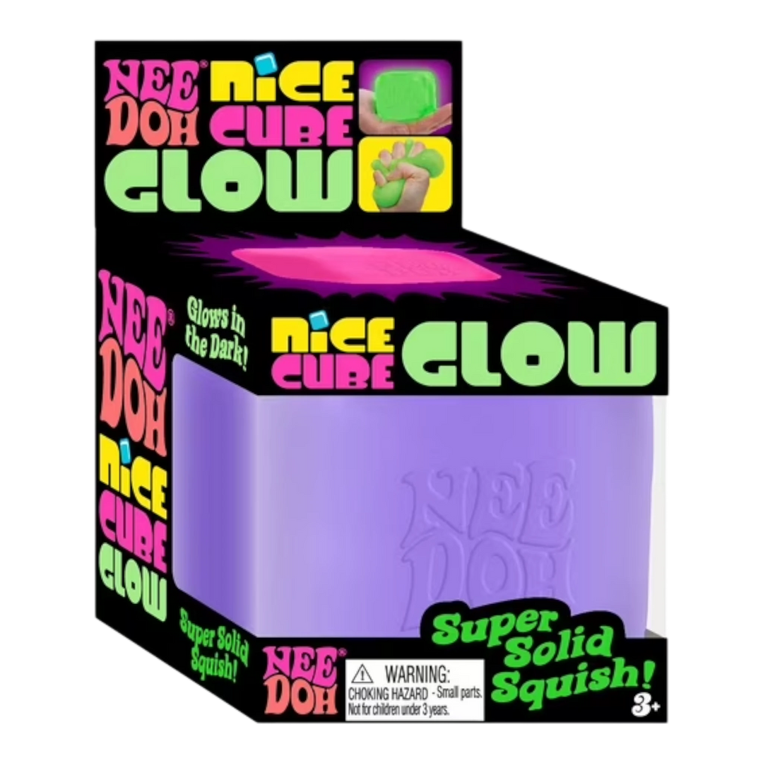 HypeSelection NeeDoh Nice Cube Glow sensory fidget toy, purple TPR with glow-in-the-dark compound, dual-response squish.