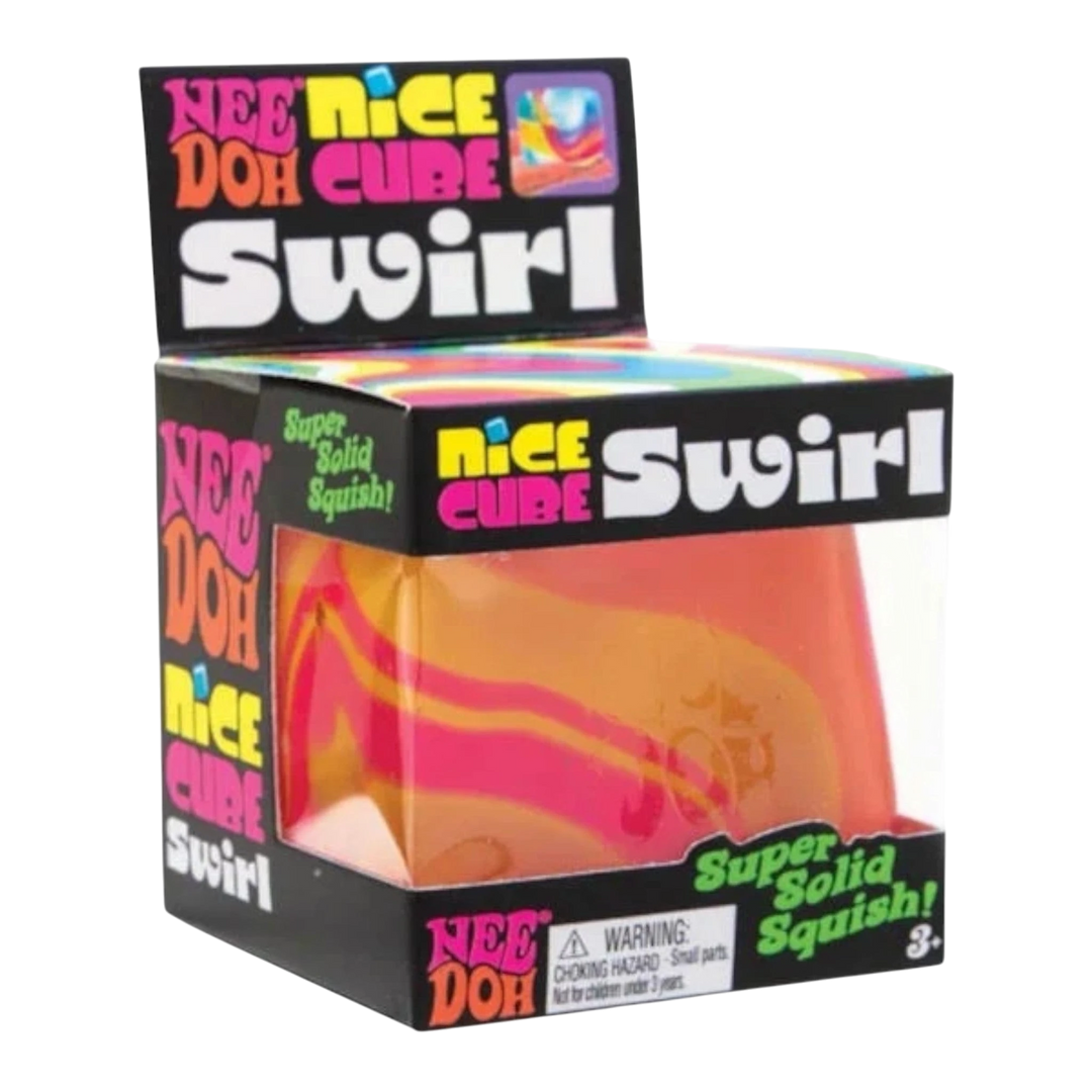 NeeDoh Nice Cube Swirl orange and pink marbled sensory fidget toy, made of TPR, 2.25 inches square.