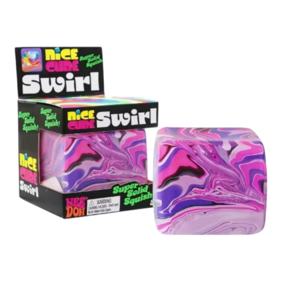 HypeSelection NeeDoh Nice Cube Swirl purple, pink, and white marbled sensory fidget toy. Semi-transparent TPR outer shell.