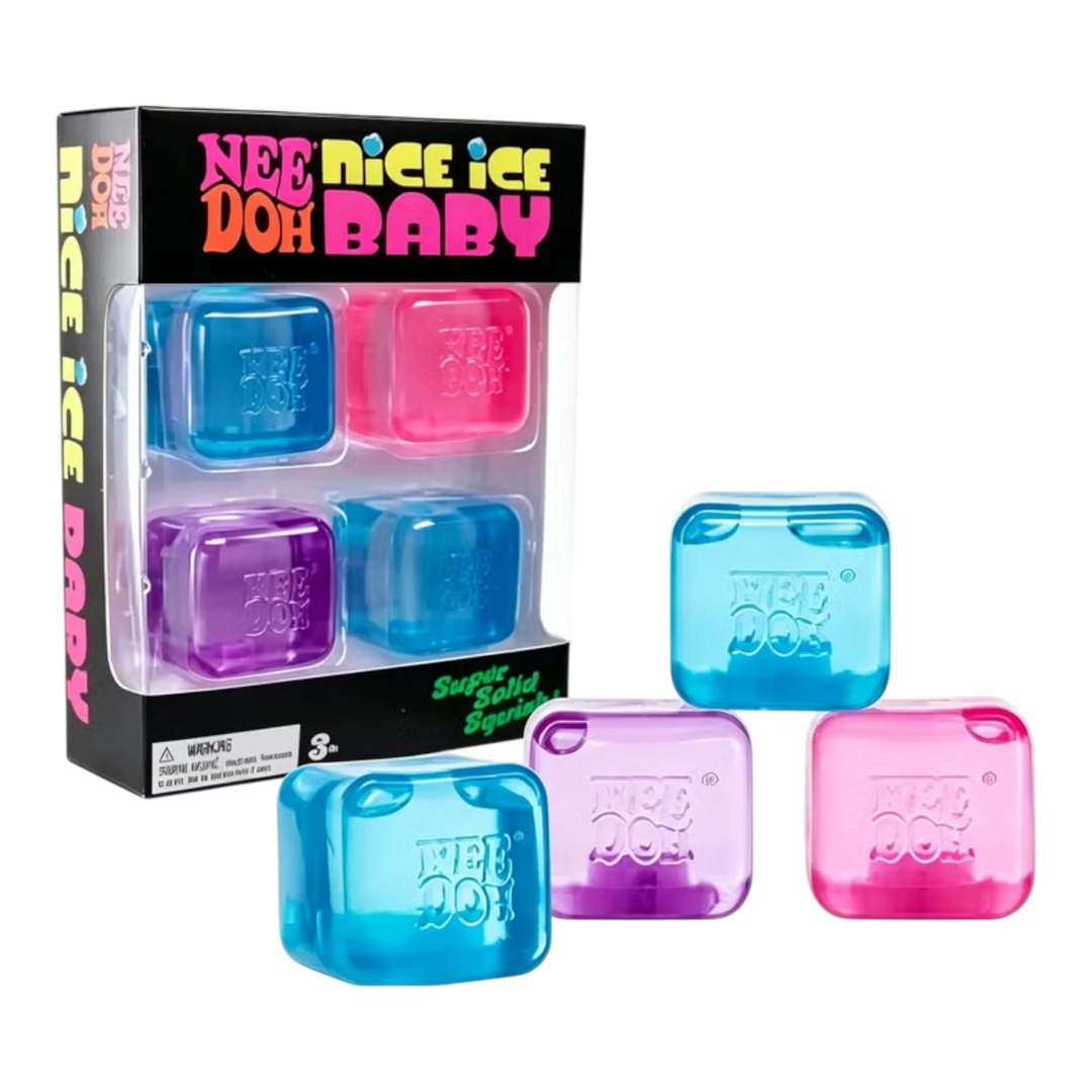 HypeSelection NeeDoh Nice Ice Baby 4-Pack of translucent blue, pink, and purple squishy cubes. Pocket-sized stress toys.