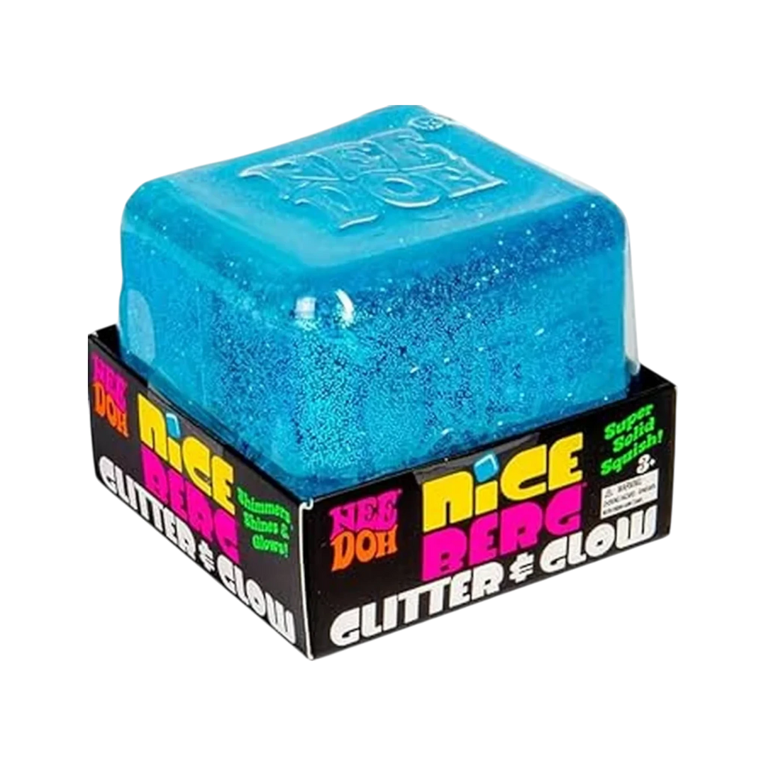 HypeSelection NeeDoh Niceberg Glitter & Glow large blue squishy cube with embedded glitter and glow-in-the-dark feature.