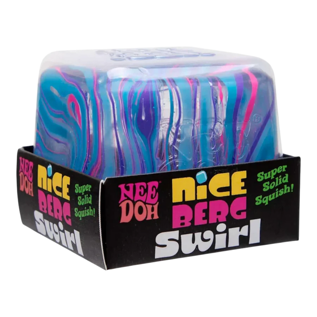 NeeDoh Niceberg Swirl XL giant sensory fidget toy in blue and pink marbled swirl pattern, made of TPR.