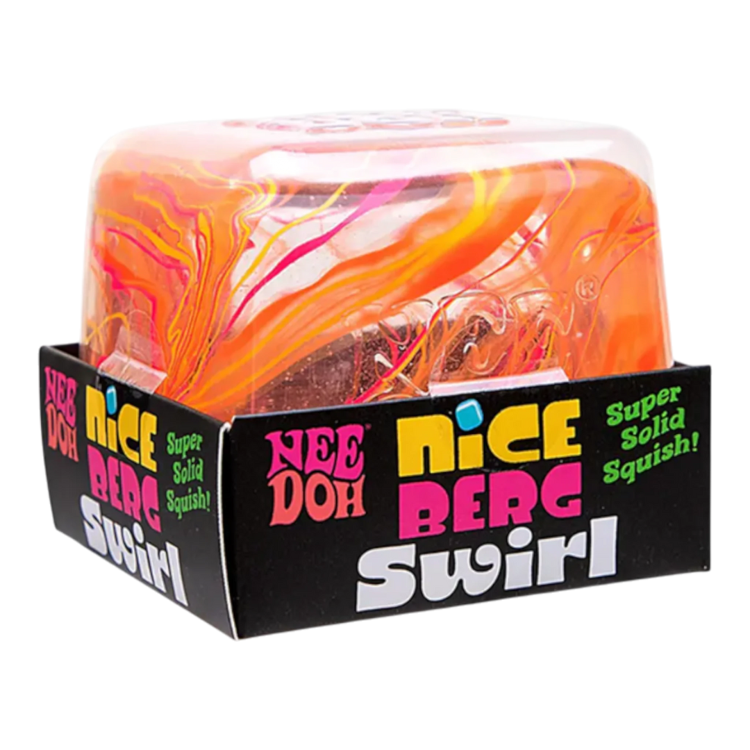 NeeDoh Niceberg Swirl XL giant stress ball with orange, pink, and yellow marbled pattern. Made of TPR.