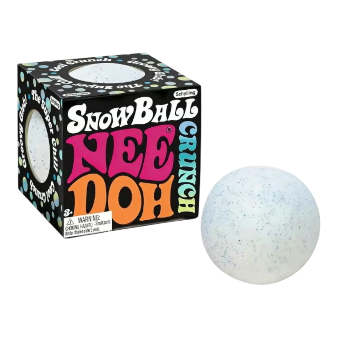 NeeDoh Snowball Crunch sensory toy, white with blue speckles, looks and feels like a real snowball, made by Schylling.