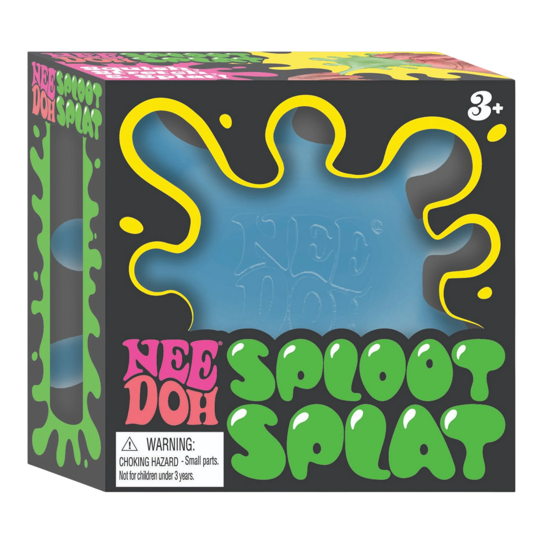 NeeDoh Sploot Splat blue sensory fidget toy with pullable blob extensions, made of TPR and PVA filling.
