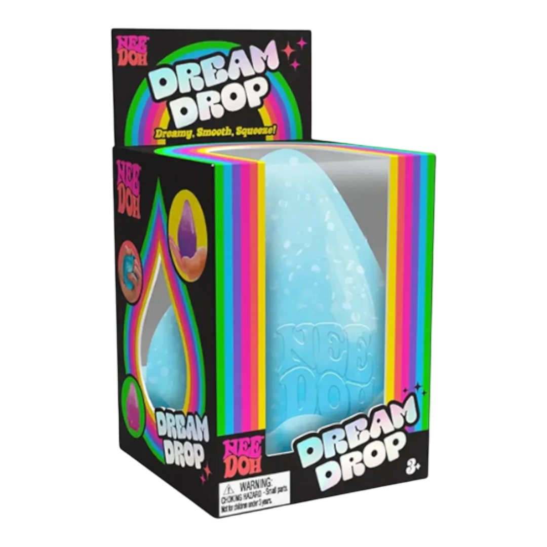 HypeSelection blue NeeDoh Dream Drop squishy fidget toy in raindrop shape with sparkle gel in its retail packaging.