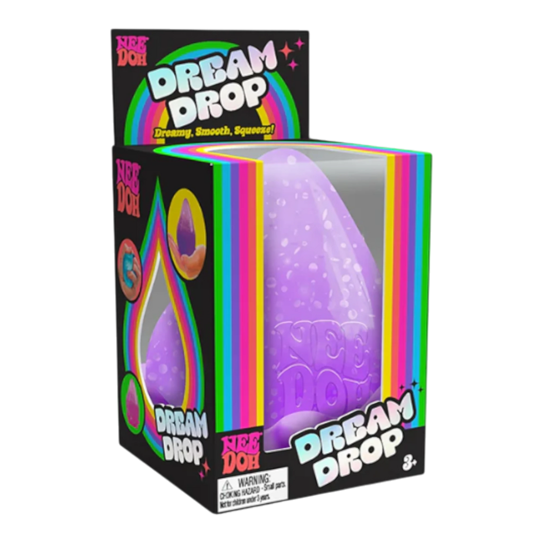 HypeSelection NeeDoh Dream Drop purple teardrop-shaped sensory fidget toy with sparkle gel in retail packaging.