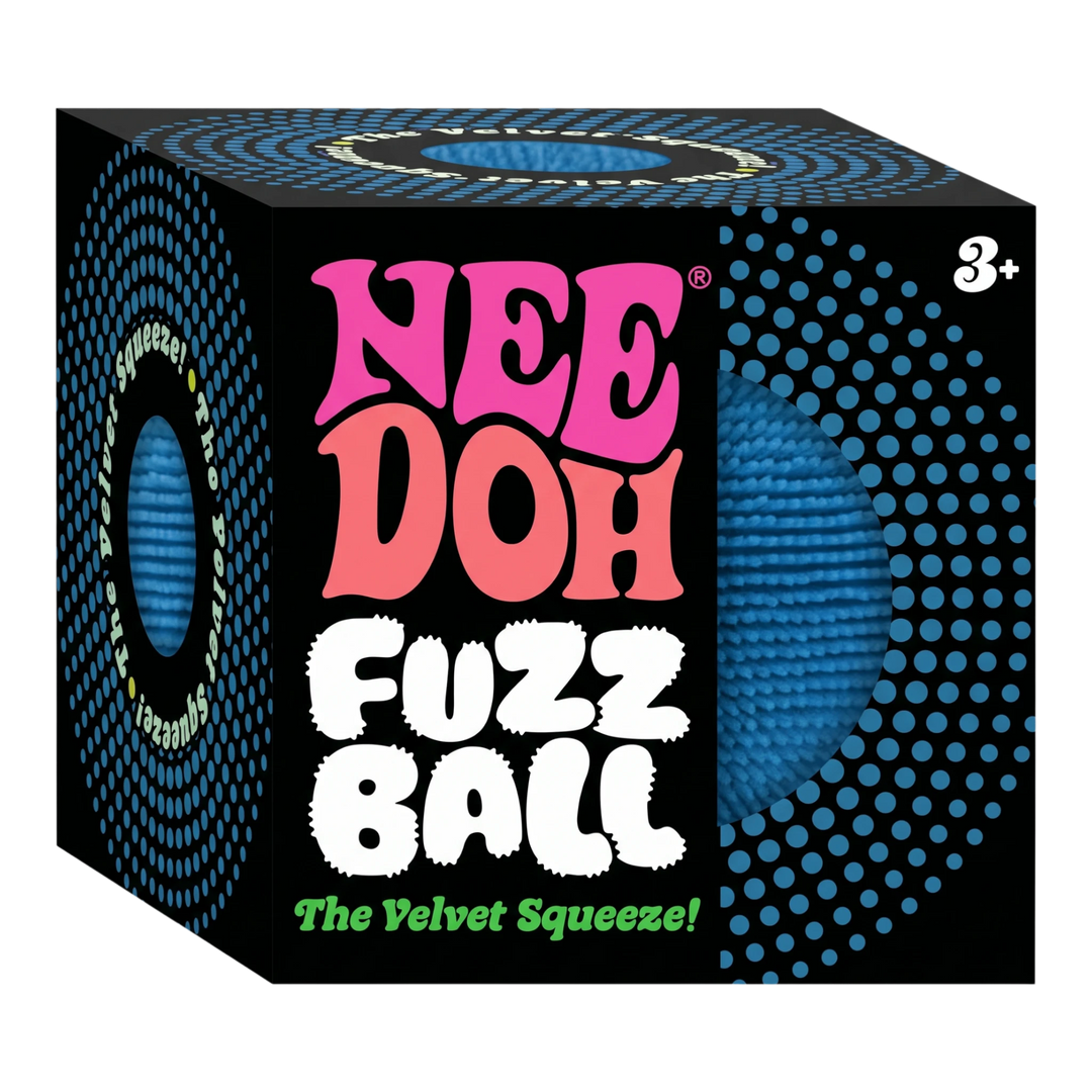 HypeSelection NeeDoh Fuzz Ball sensory toy in blue, featuring a velvet-textured surface inside its branded packaging.