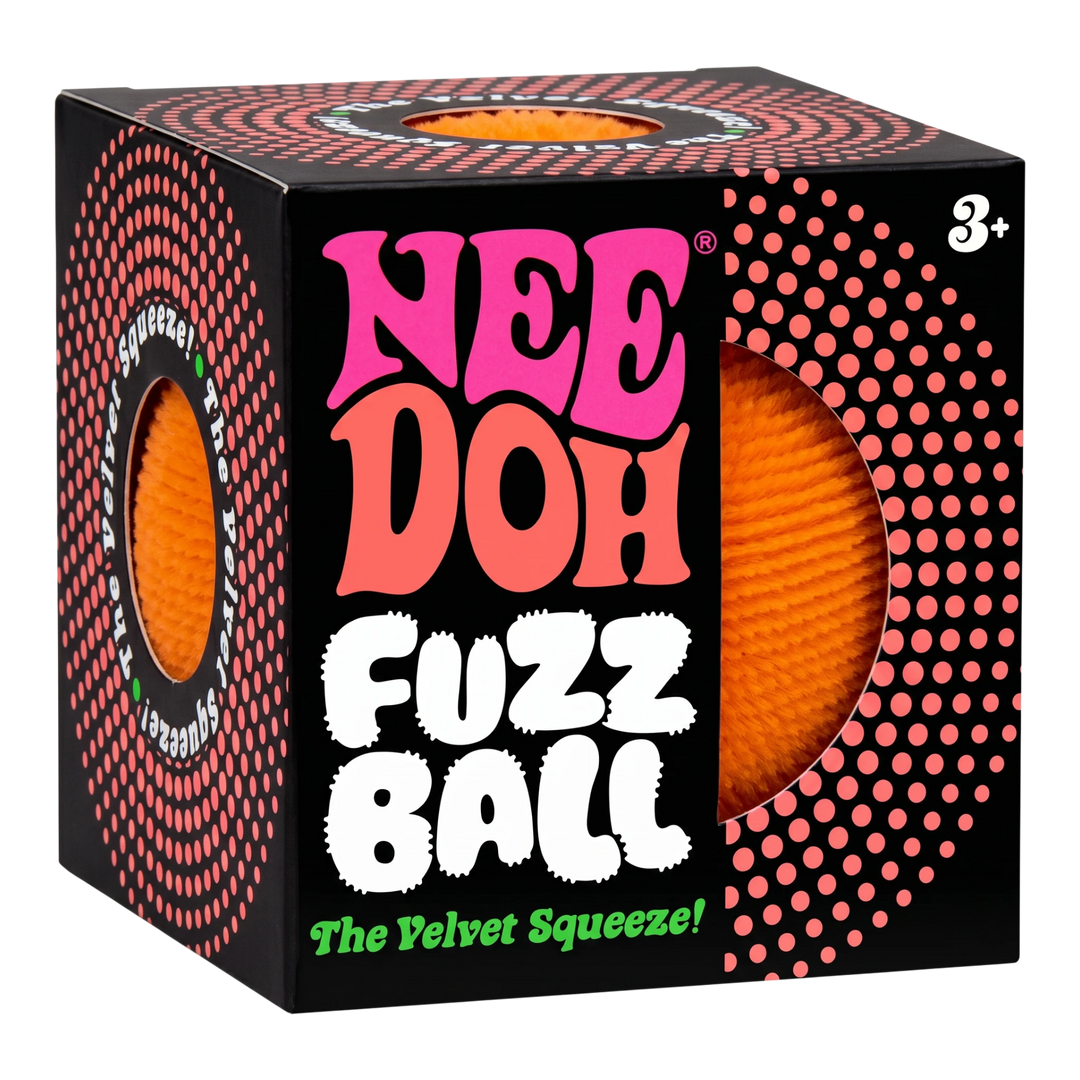 HypeSelection NeeDoh Fuzz Ball sensory toy in bright orange with a velvet-textured finish inside its display box.