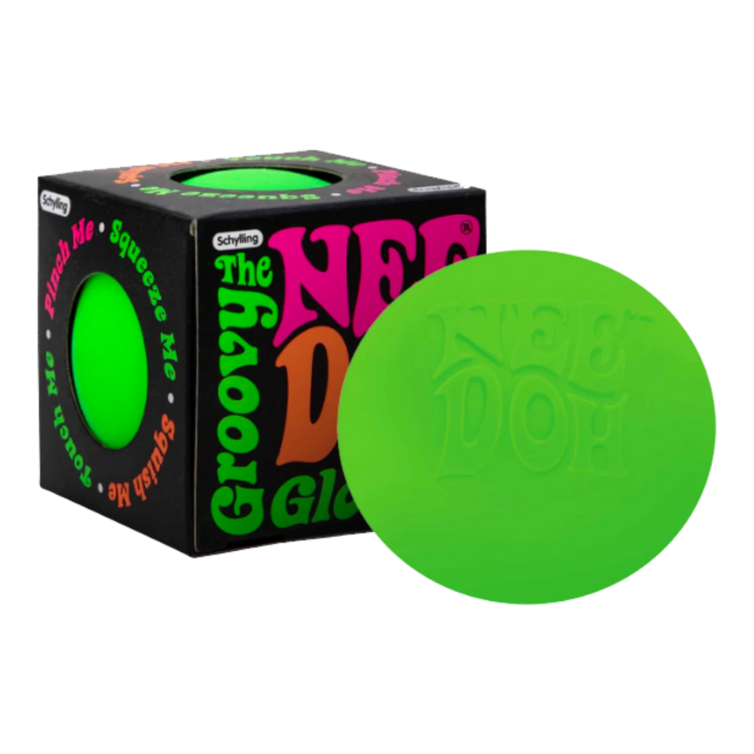 HypeSelection green NeeDoh Groovy Glob stress ball with embossed logo next to its original black branded packaging.