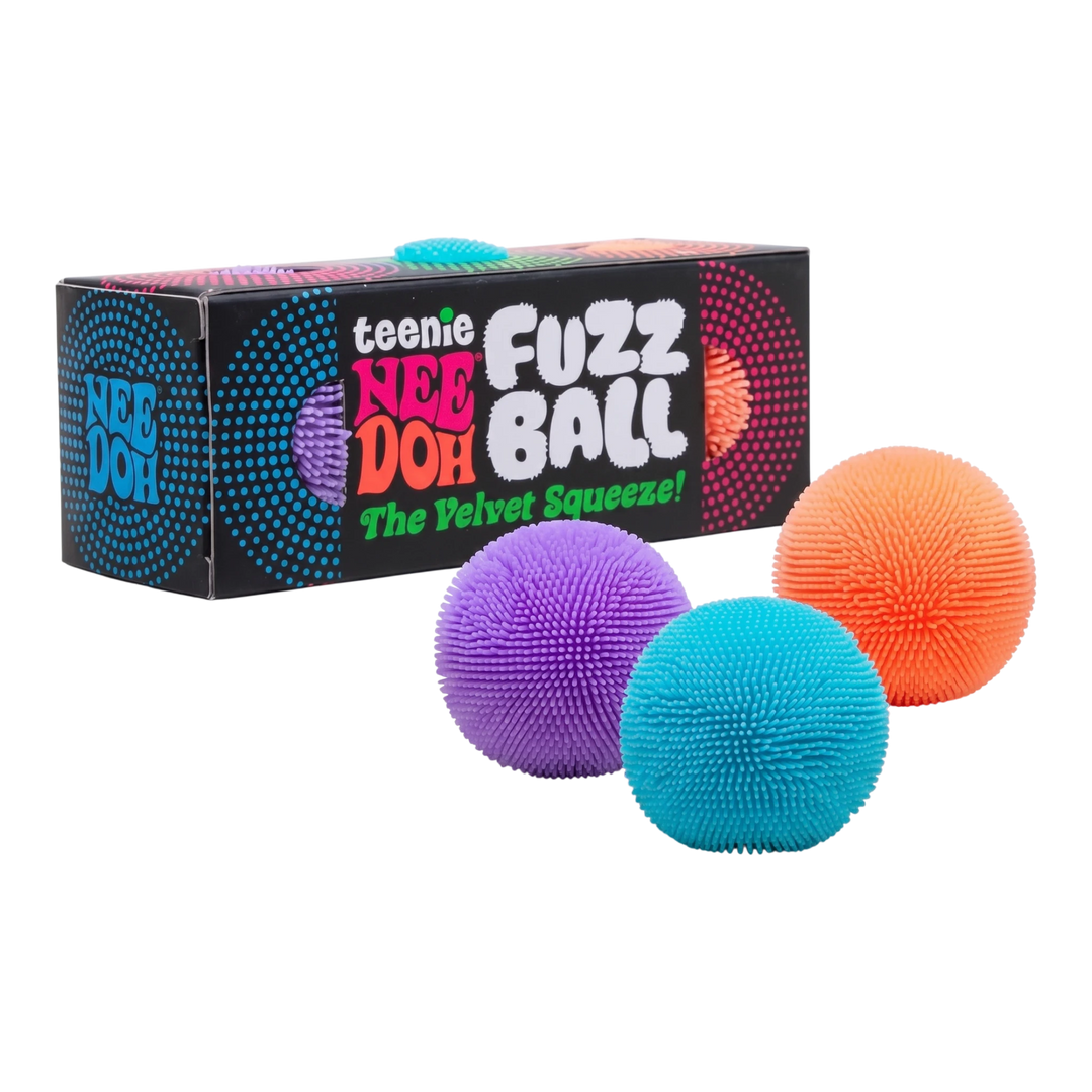 HypeSelection NeeDoh Teenie Fuzz Ball 3-pack with purple, blue, and orange fuzzy sensory stress relief balls.