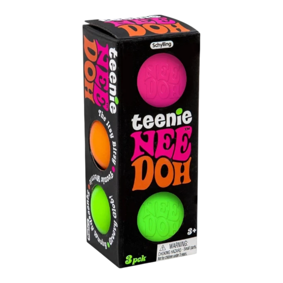 HypeSelection NeeDoh Teenie 3-pack stress balls in assorted bright colors inside a branded display box.