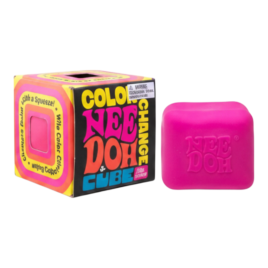 HypeSelection NeeDoh Color Change Cube, a pink TPR sensory toy that turns purple when squeezed. Returns to pink when released.