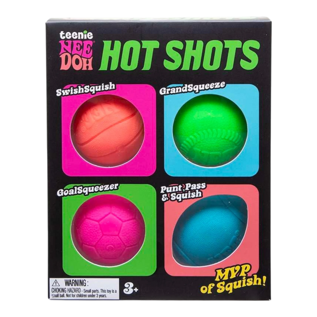 HypeSelection NeeDoh Hot Shots Teenie 4-Pack sensory balls: orange basketball, green baseball, pink soccer ball, blue football.