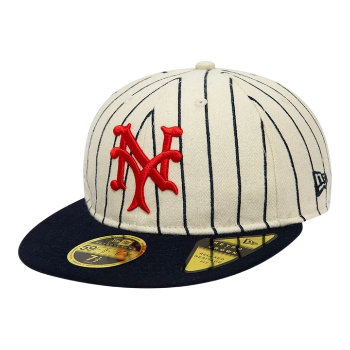 HypeSelection New York Mets Cooperstown World Series cap in cream with navy pinstripes and red NY logo. Features flat brim and embroidered patches.