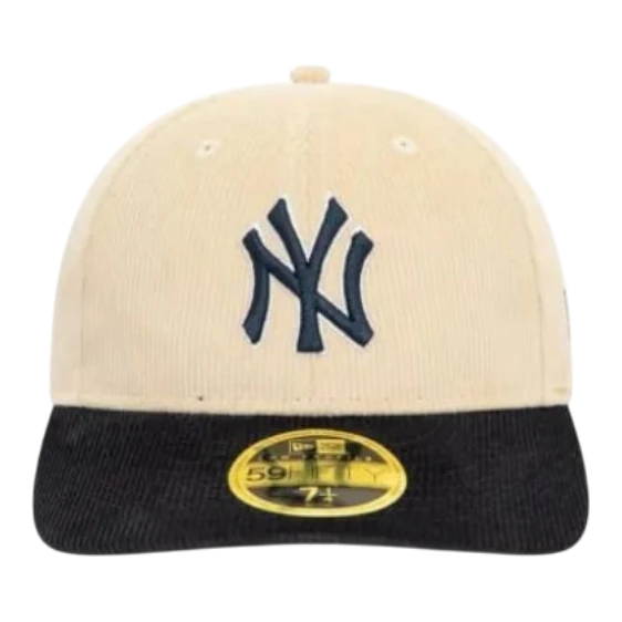 HypeSelection cream corduroy New York Yankees fitted hat with navy brim and embroidered logo. Features green undervisor and 2009 World Series clip.