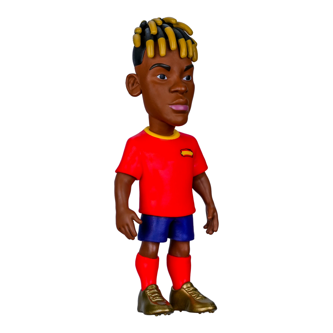 HypeSelection Minix Nico Williams Spain football figure in red jersey, blue shorts, and gold boots on black background