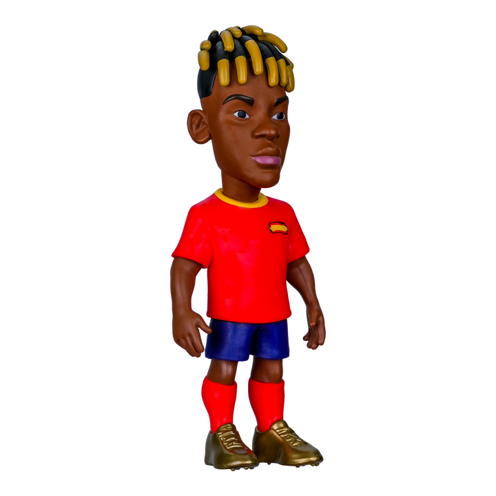 HypeSelection Minix Nico Williams Spain football figure in red jersey, blue shorts, and gold boots on black background