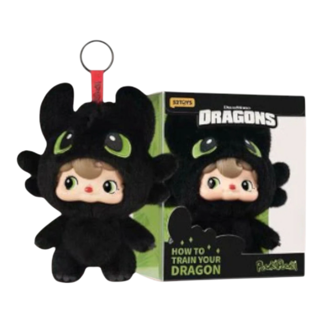 HypeSelection black plush toy of Night Fury from How To Train Your Dragon, with vinyl face and keychain loop.