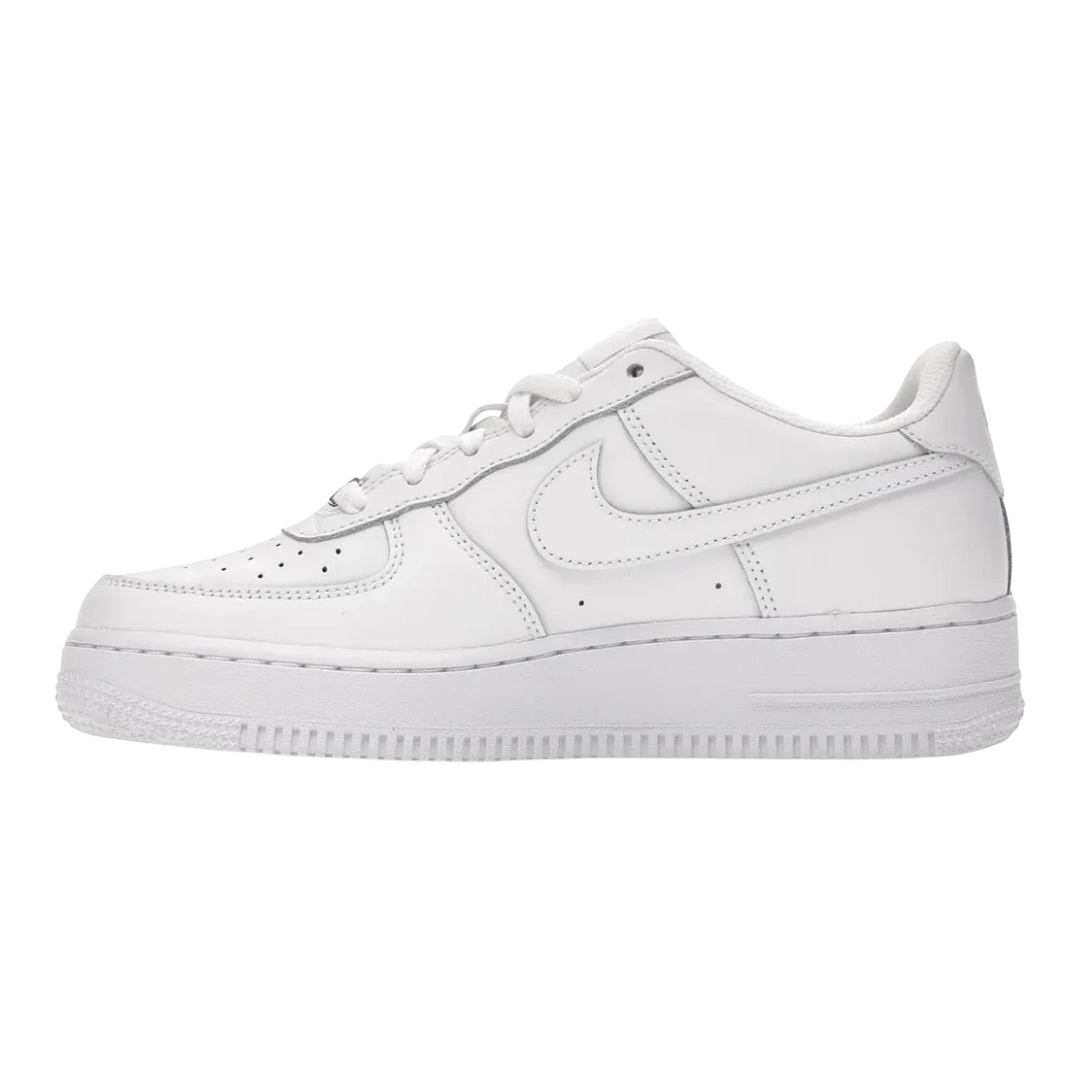 HypeSelection Nike Air Force 1 Low GS Triple White leather sneakers with perforated toe box and Air cushioning.