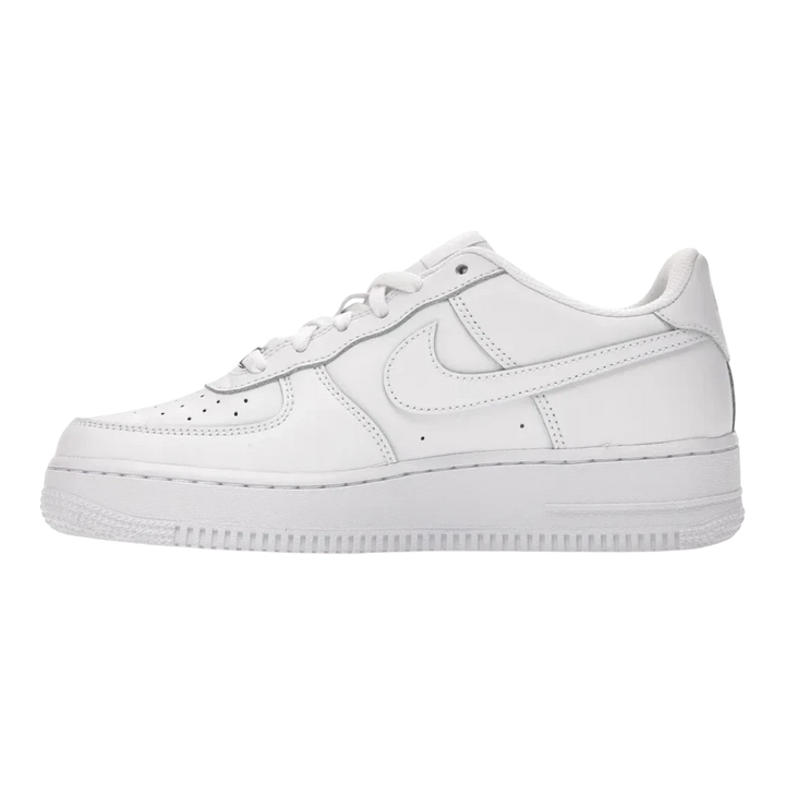 HypeSelection Nike Air Force 1 Low GS Triple White leather sneakers with perforated toe box and Air cushioning.