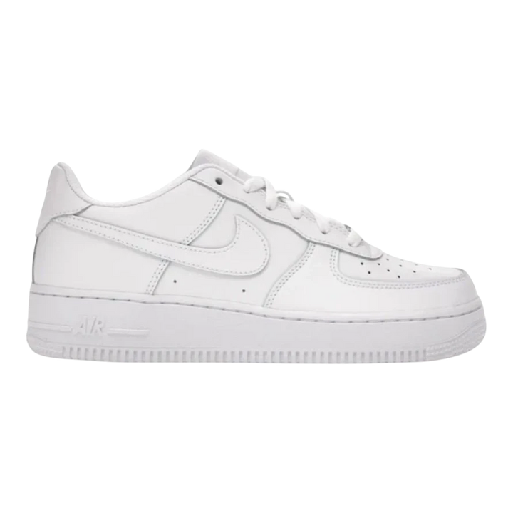HypeSelection Nike Air Force 1 Low LE GS Triple White leather sneakers with perforated toe box and Air cushioning.