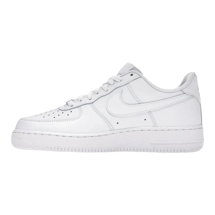 HypeSelection Nike Air Force 1 Low ’07 white leather sneakers with perforated toe box and encapsulated Air cushioning.