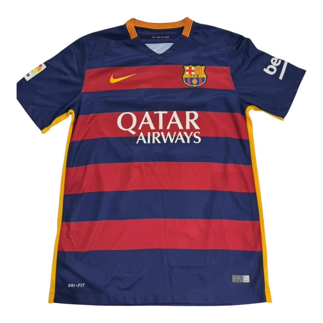 HypeSelection vintage Nike Barcelona jersey with red and blue stripes, Qatar Airways sponsor, and yellow trim.