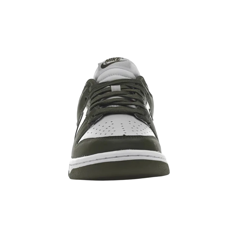 HypeSelection Nike Dunk Low women's sneakers in white leather with Medium Olive overlays and laces.