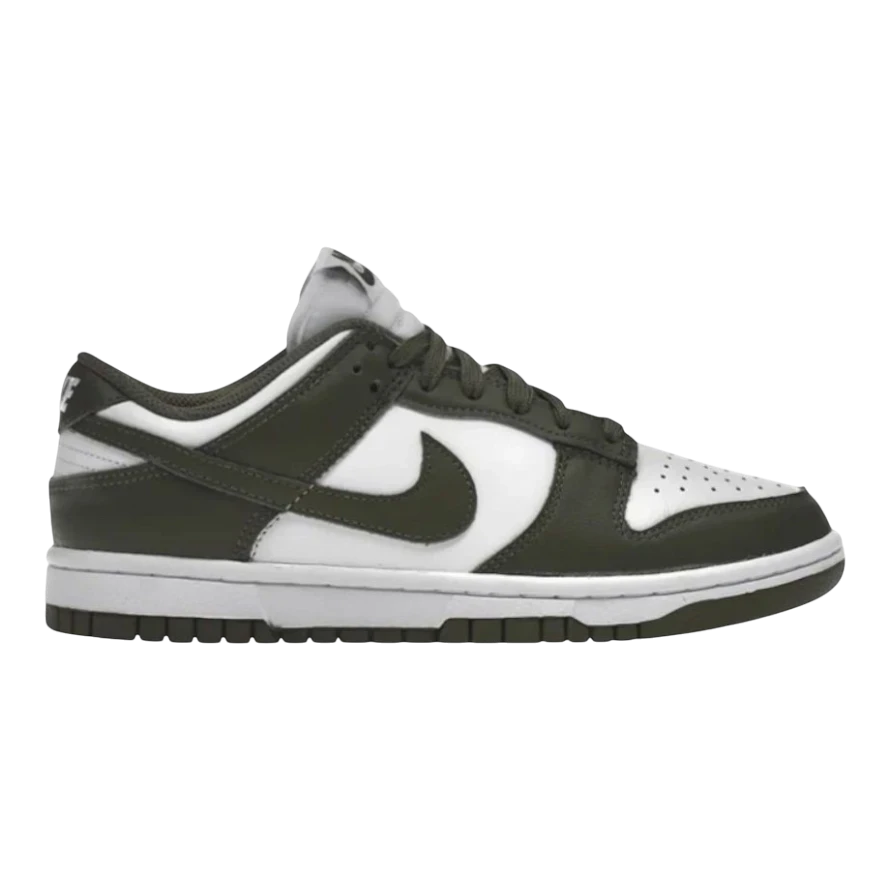 HypeSelection Nike Dunk Low women's sneakers in white leather with medium olive overlays and Nike swoosh.