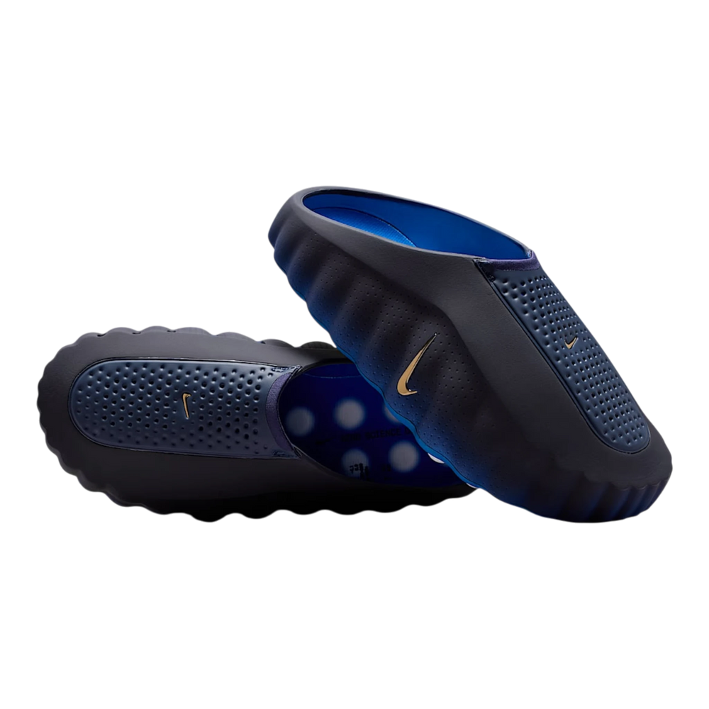 HypeSelection Nike Mind 001 mule slides in blackened blue with game royal accents and gold Nike swoosh.