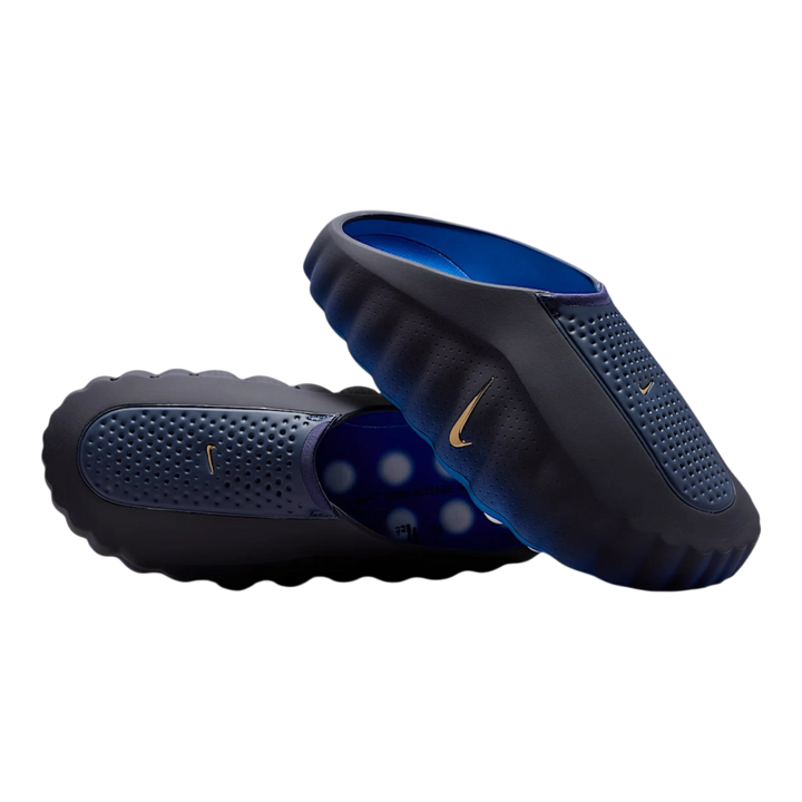 HypeSelection Nike Mind 001 mule slides in blackened blue with game royal accents and gold Nike swoosh.