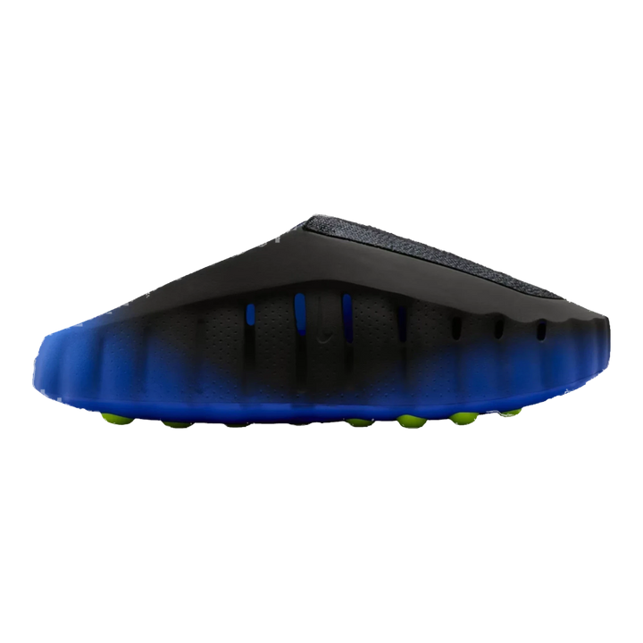 HypeSelection Nike Mind 001 Flyknit slide in Hyper Royal and black with Volt green nodes and textured knit forefoot.