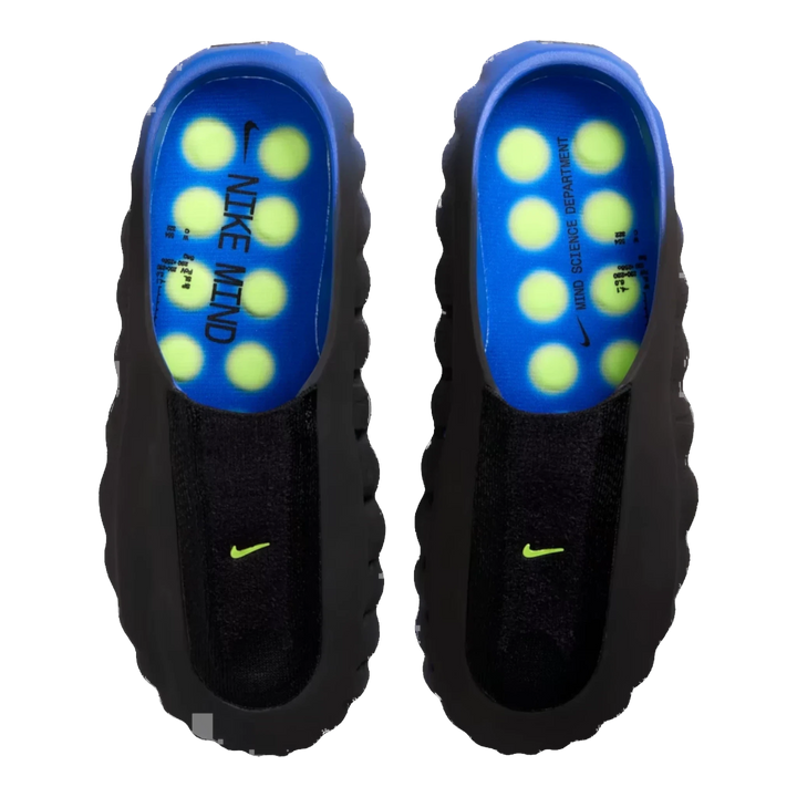 HypeSelection Nike Mind 001 Flyknit slides in Hyper Royal and black with Volt green nodes and mini Swoosh branding.