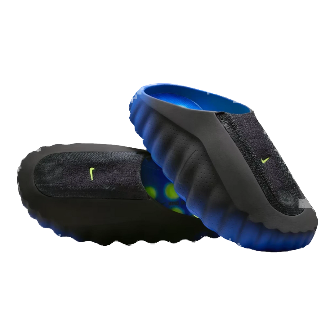HypeSelection Nike Mind 001 Flyknit slide in Hyper Royal and black with a Volt green Swoosh and foam node footbed.