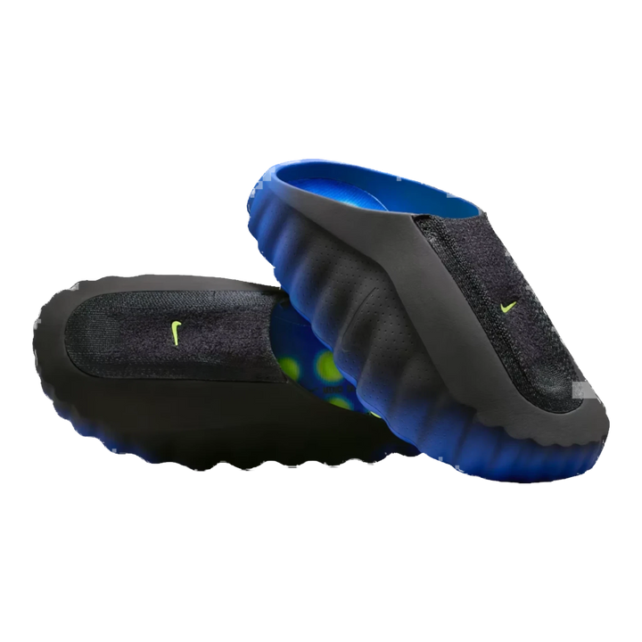 HypeSelection Nike Mind 001 Flyknit slide in Hyper Royal and black with a Volt green Swoosh and foam node footbed.