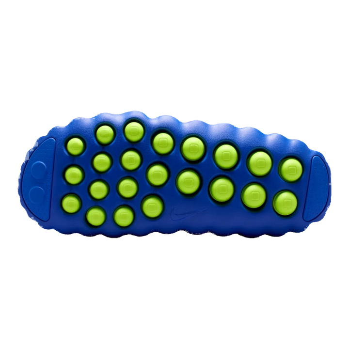 HypeSelection Nike Mind 001 Flyknit slide outsole in Hyper Royal blue with 22 vibrant Volt green sensory foam nodes.