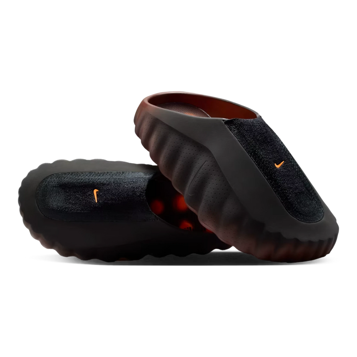 HypeSelection Nike Mind 001 Flyknit slides in Bronze Eclipse and black with Total Orange Swoosh and foam nodes.