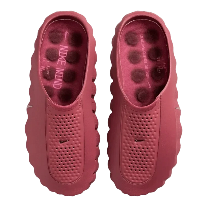 HypeSelection Nike Mind 001 slides in Pink Smoke featuring a sculpted foam silhouette and metallic silver details.