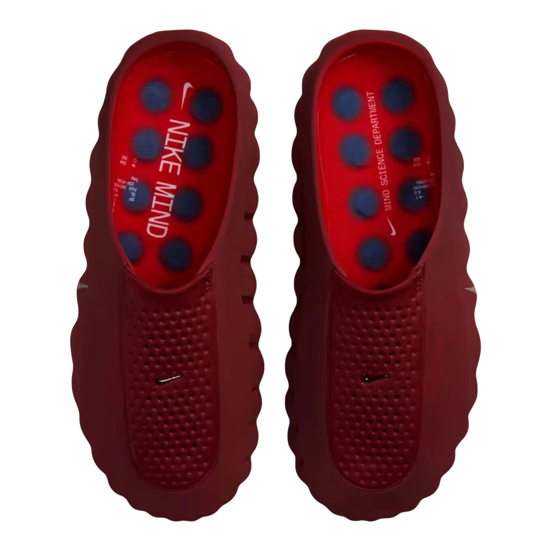 HypeSelection Nike Mind 001 Slides in Team Red and University Red, foam construction with blue massage pods on the footbed.