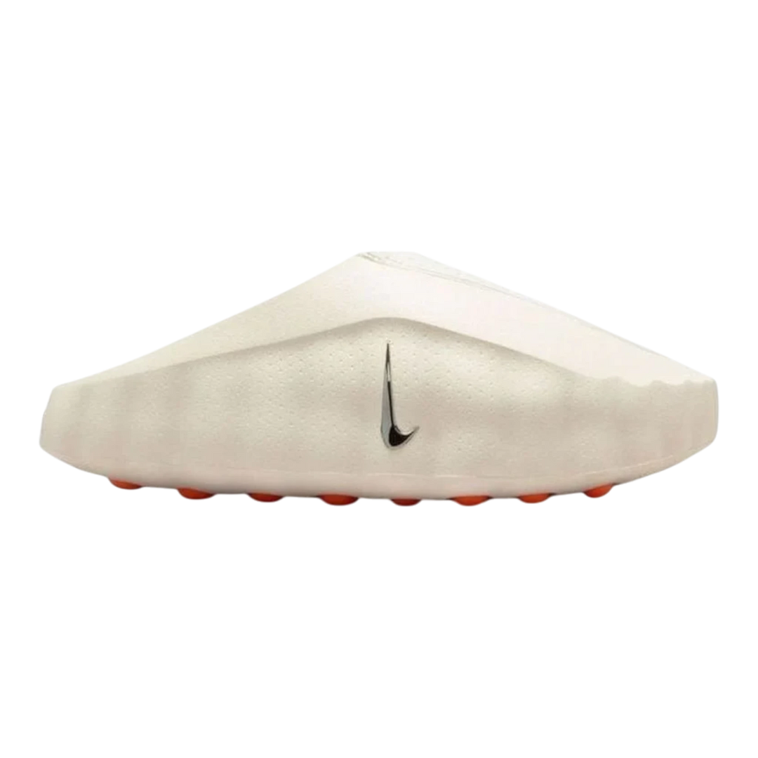 HypeSelection Nike Mind 001 women's slide in sail white, featuring a perforated upper and orange-accented outsole.