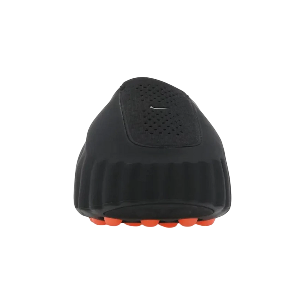 HypeSelection Nike Mind 001 Slide in black foam with a reflective chrome Swoosh and orange traction pods on the sole.