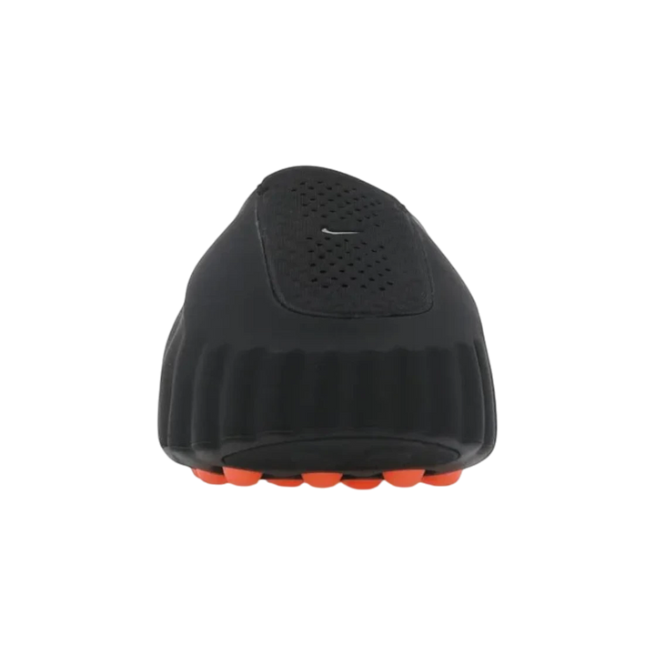 HypeSelection Nike Mind 001 Slide in black with chrome Swoosh detail and orange sole pods. Women&