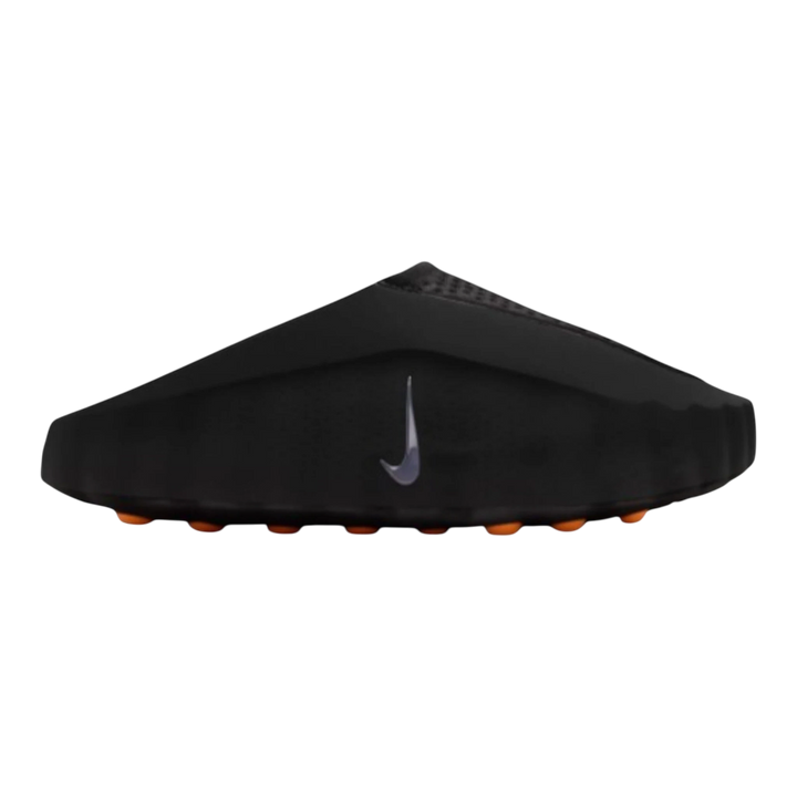 Nike Mind 001 Slide in black with chrome Swoosh detail and orange sole pods. Women&