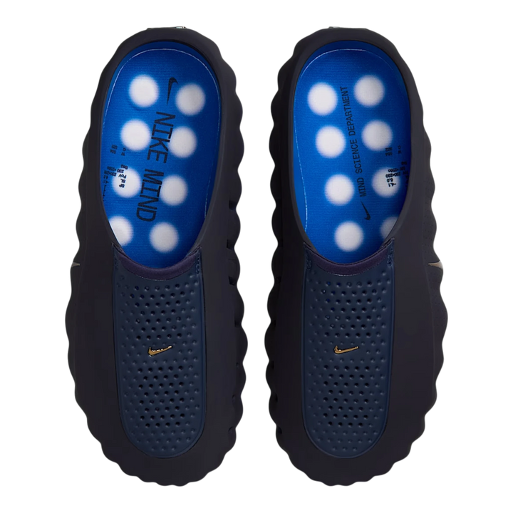 HypeSelection Nike Mind 001 Slides in Blackened Blue and Game Royal foam with white sensory nodes on the insole.