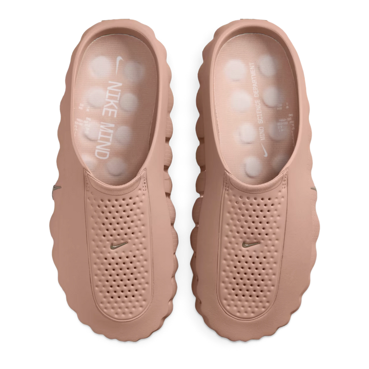 HypeSelection Nike Mind 001 slides in hemp and rattan featuring a perforated knit tongue and sensory node footbed.