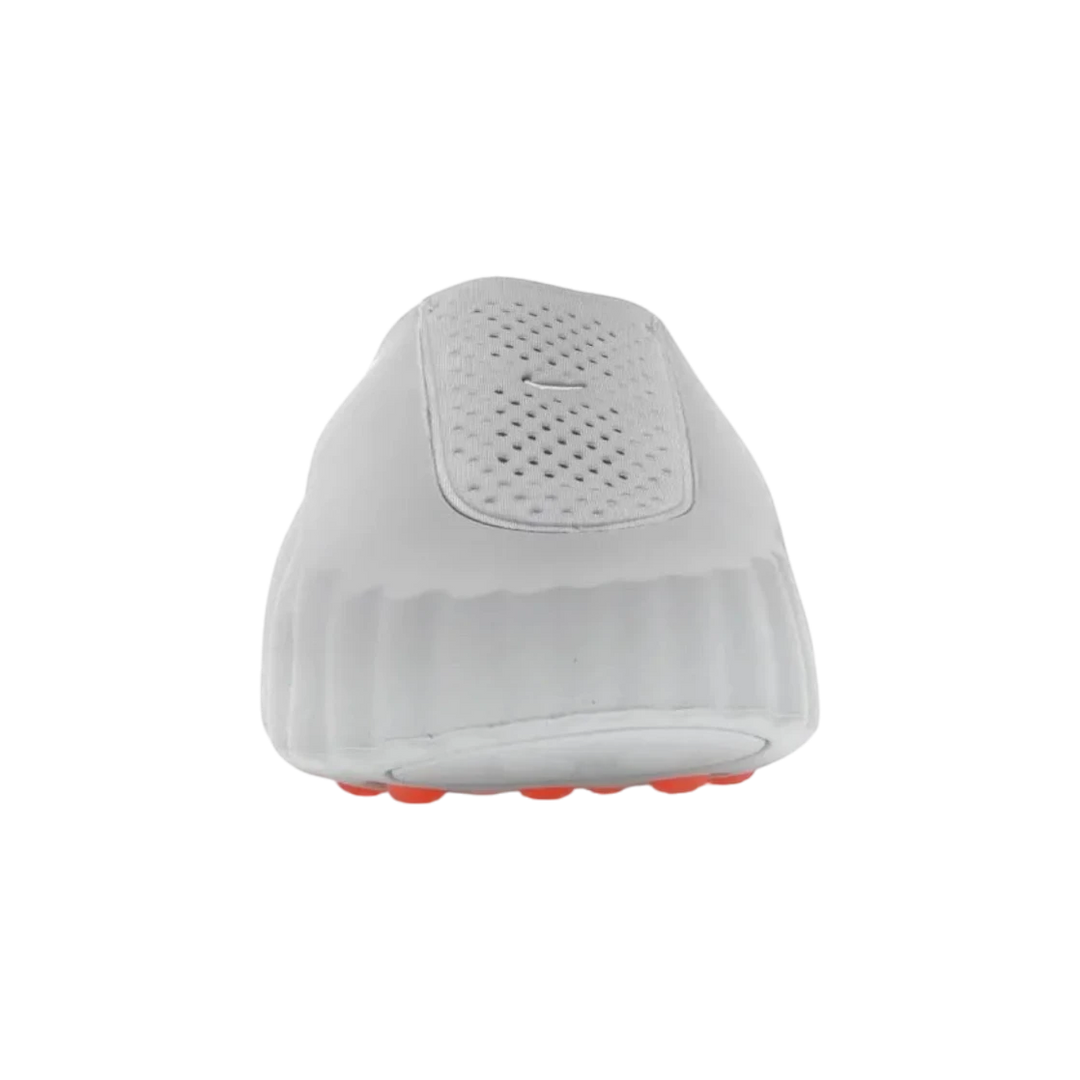 Nike Mind 001 Slide in Light Smoke Grey, featuring a foam construction and orange rubber pods on the sole.