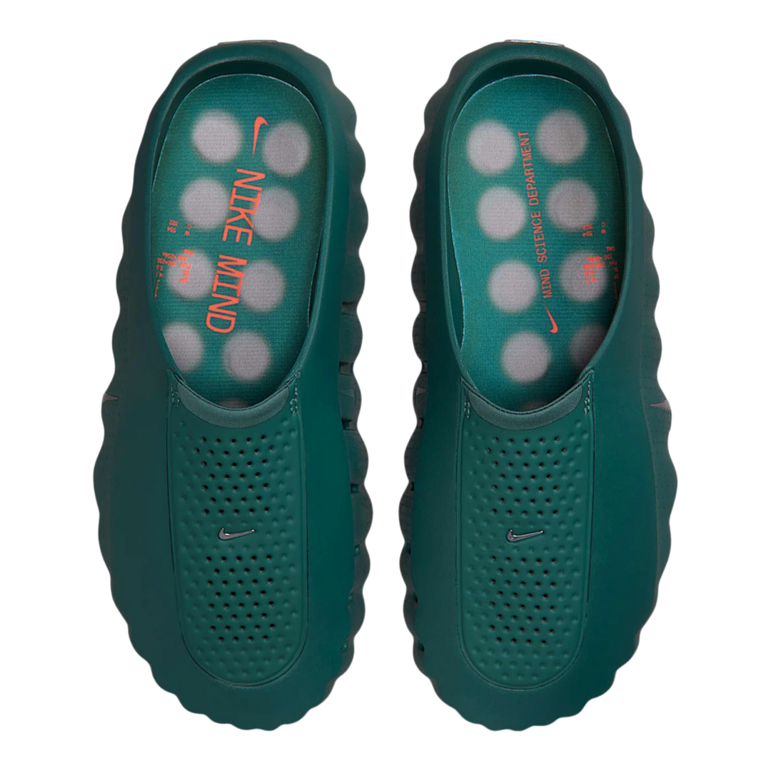 HypeSelection Nike Mind 001 Slide in Mineral Slate green, featuring a foam construction and 22-node outsole for sensory feedback.