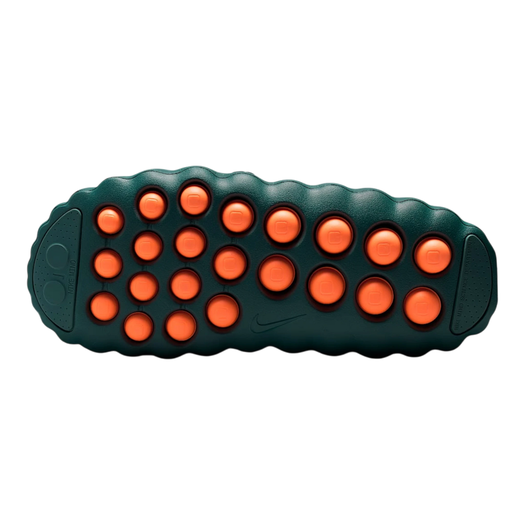 HypeSelection Nike Mind 001 Slide in Mineral Slate, featuring a unique outsole with 22 orange nodes on a dark green foam base.