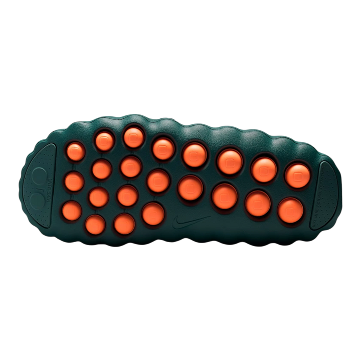 HypeSelection Nike Mind 001 Slide in Mineral Slate, featuring a unique outsole with 22 orange nodes on a dark green foam base.